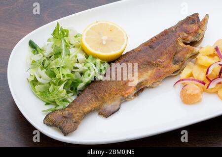 Trota arrostita con patate, cipolle e lattuga su un tavolo di legno in ceramica bianca Foto Stock