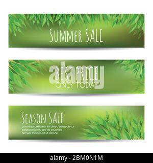 Set di banner estivi con foglie verdi Illustrazione Vettoriale
