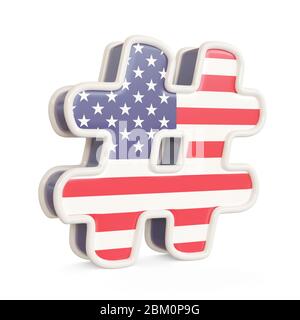 Simbolo hashtag con colori della bandiera degli Stati Uniti isolato su uno sfondo bianco. immagine 3d Foto Stock