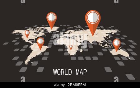 Mappa del mondo dei punti con illustrazione vettoriale dei pin isolata. Punti che indicano la posizione sulla mappa Illustrazione Vettoriale