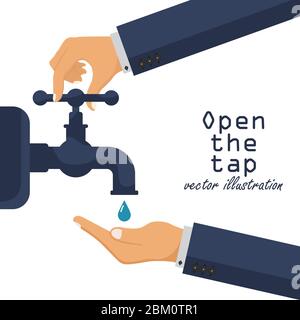 Aprire manualmente l'acqua del rubinetto. Liquido nel palmo. Accendere e spegnere il rubinetto. Illustrazione vettoriale in design piatto. Illustrazione Vettoriale