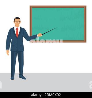 Personaggio business in tuta con puntatore in mano. Concetto di consulente finanziario. Ricerca di un grafico di amruket, grafici di report finanziari, diagrammi. Illustrazione Vettoriale