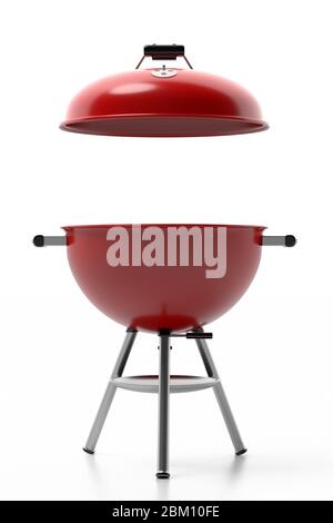 Barbecue grill. Colore rosso barbecue con coperchio isolato su sfondo bianco. Apparecchio portatile per cucinare, spazio vuoto per il posizionamento degli alimenti. 3d Foto Stock