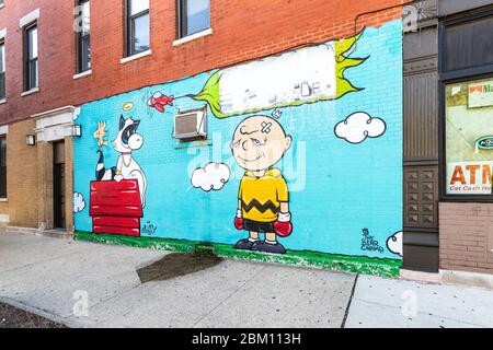Graffiti dei personaggi di Peanuts di un artista di talento in un quartiere di Chicago. Foto Stock