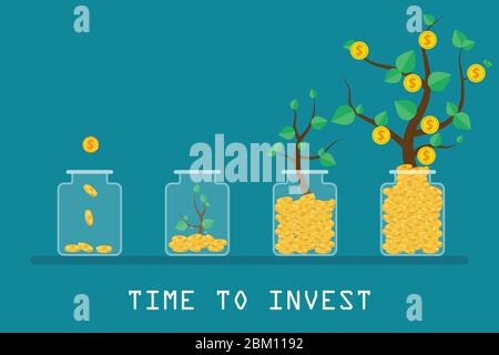 Tempo di investire concetto. Far crescere il business. Albero monetario e processo di crescita finanziaria. Illustrazione vettoriale in design piatto. Illustrazione Vettoriale