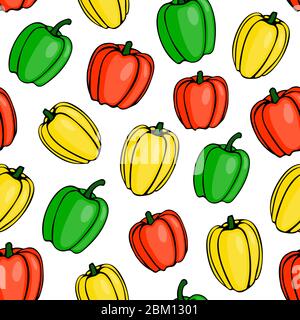 Modello Vector senza cuciture con peperoni animati. Modello per tessuti e tessuti da cucina. Schizzo di orto e fattoria, stagione di raccolta Illustrazione Vettoriale