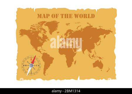Mappa d'epoca del mondo e bussola magnetica. Illustrazione vettoriale. Illustrazione Vettoriale