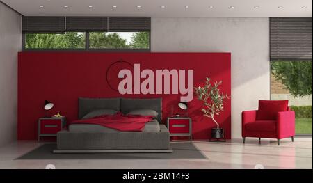 Camera da letto matrimoniale minimalista rossa e grigia con letto matrimoniale, comodino e poltrona - rendering 3d Foto Stock