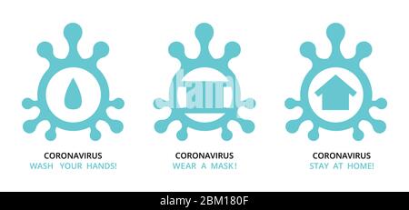 virus , batteri , microbi icona forma set , gruppo di immagini schematiche di icone di medicina con testo raccomandazione segni per la quarantena a auto isolat Illustrazione Vettoriale