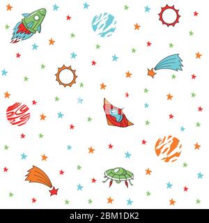 Cartoni animati colorati piattini volanti, UFO, satellite, comete e stelle nello spazio su sfondo bianco. Motivo vettoriale a colori senza cuciture Illustrazione Vettoriale
