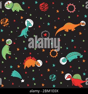 adorabili astronauti di dinosauri nello spazio con astronavi e pianeti, multicolore su sfondo nero, pattern vettoriale senza giunture. bambini, per tessuto Illustrazione Vettoriale