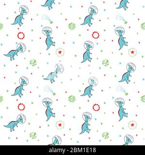 adorabili astronauti di dinosauri nello spazio con astronavi e pianeti, multicolore su sfondo bianco, pattern vettoriale senza giunture. bambini, per tessuto Illustrazione Vettoriale