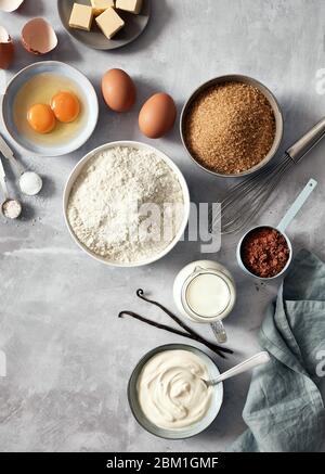 Ingredienti per la cottura: Farina, uova, zucchero, burro, latte e spezie su sfondo grigio marmo. Vista dall'alto. Foto Stock