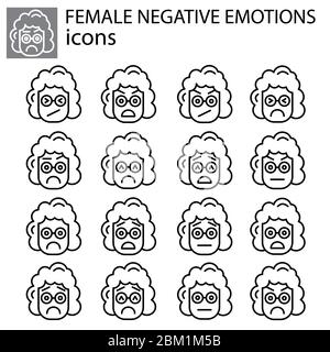 emozioni negative impostare vettore lineare femminile, icona ragazza. Segno vettoriale emoticon espressione facciale negativa, simbolo nero su sfondo bianco Illustrazione Vettoriale