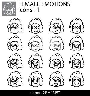 Set di icone creative vettoriali - Emoticons femmina. Set di icone ragazza smiley: Emozioni diverse. Icone vettoriali di volti sorridenti Illustrazione Vettoriale