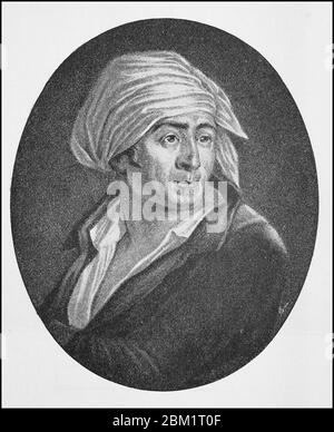 Jean-Paul Marat, 24 1743 maggio - 13 luglio 1793, è stato un medico francese, scienziato e autore di scritti scientifici e politici, durante la Rivoluzione francese spostato e scrisse il Ami du Peuple, un giornale demagogico / Jean Paul Marat, 24. Maggio 1743 - 13. Juli 1793, war ein französischer Arzt, Naturwissenschaftler und Verfasser naturwissenschaftlicher und politischer Schriften, während der Französischen Revolution verleggte und schrieb er den Ami du Peuple, eine demagogische Zeitung, Historisch, riproduzione storica e digitale migliorata di un originale del 19 ° secolo / digitale Reproduk Foto Stock