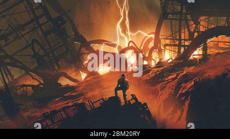 l'uomo in tuta spaziale in piedi sulla rovina fonderia guardando gli alieni tentacle, lo stile di arte digitale, pittura di illustrazione Foto Stock