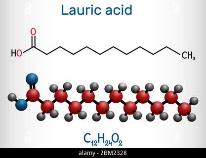 Acido laurico, acido dodecanoico, molecola C12H24O2. È un acido grasso saturo. Formula chimica strutturale e modello di molecola. Illustrazione vettoriale Illustrazione Vettoriale