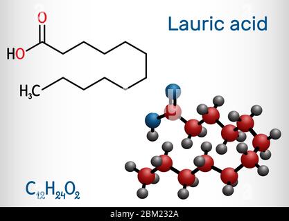 Acido laurico, acido dodecanoico, molecola C12H24O2. È un acido grasso saturo. Formula chimica strutturale e modello di molecola. Illustrazione vettoriale Illustrazione Vettoriale