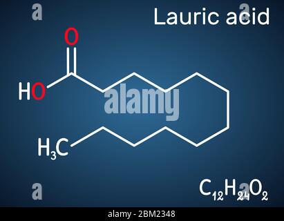 Acido laurico, acido dodecanoico, molecola C12H24O2. È un acido grasso saturo. Formula chimica strutturale su sfondo blu scuro. Illustrazione vettore Illustrazione Vettoriale