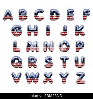 Palloncini da festa per feste con lettere a strisce e stelle degli Stati Uniti. Rendering 3D Foto Stock