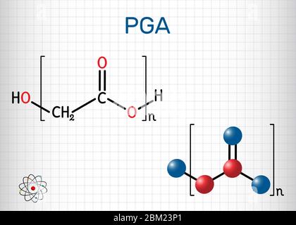 Poliglicolide o acido poliglicolico, molecola PGA. Si tratta di un polimero termoplastico biodegradabile. Formula chimica strutturale e modello di molecola. Foglio Illustrazione Vettoriale