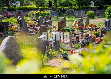 Tombe con lapidi, croci di legno e decorazioni floreali presso il vecchio cimitero di Oberursel vicino a Francoforte Foto Stock