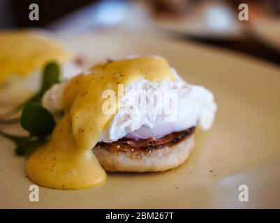 Uova Benedict, una colazione tradizionale americana che consiste di due metà di un muffin inglese sormontato con un uovo in camicia, pancetta o prosciutto, e hollana Foto Stock