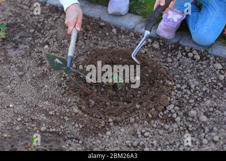 Mamma e figlia lavorano in zoccoli in un giardino Foto Stock