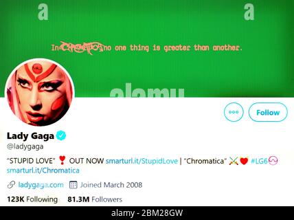 Pagina Twitter (maggio 2020) : Lady Gaga (Stefani Joanne Angelina Germanotta) cantante, cantautrice e attrice americana Foto Stock