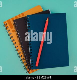 Pastello a matita di legno rosa posto sopra tre diario di carta di colore diverso Foto Stock