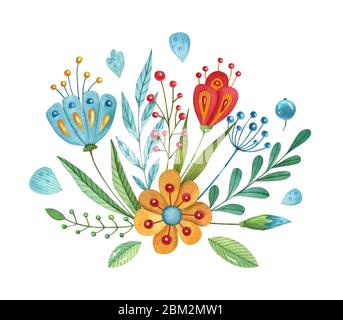 Composizione floreale dipinta a mano. Sfondo floreale luminoso con fiori, foglie e bacche. Foto Stock