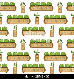 Modello senza cuciture acquerello con piante da giardinaggio su sfondo chiaro. Illustrazione luminosa dei cartoni animati di giovani pianta nelle scatole di legno. Foto Stock