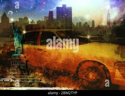 Statua della libertà e New York Panorama. Cabina gialla. Rendering 3D Foto Stock