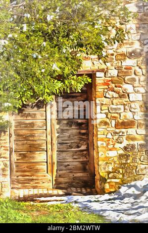 Bella vista sulla porta d'epoca in legno colorato dipinto sembra immagine Foto Stock