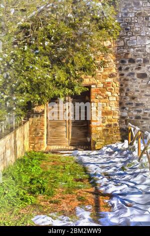 Bella vista sulla porta d'epoca in legno colorato dipinto sembra immagine Foto Stock