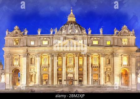 Bella vista sulla Basilica Papale di San Pietro in Vaticano dipinto colorato sembra foto, Roma, Italia Foto Stock