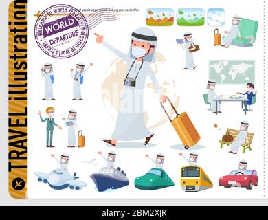 Un set di uomo che indossa la maschera su Travel.There sono anche veicoli come barche e aeroplani.IT è arte vettoriale in modo da è facile da modificare. Illustrazione Vettoriale