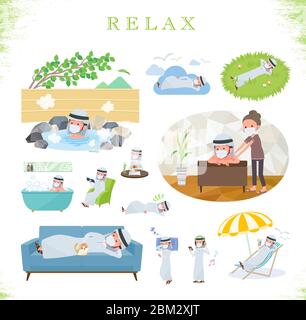 Un set di uomo che indossa maschera circa relaxing.There sono azioni come vacanza e stress relief.IT's vettoriale arte in modo che è facile da modificare. Illustrazione Vettoriale