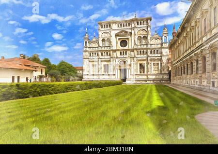 Bella vista sulla chiesa abbaziale dipinto colorato sembra foto, Certosa di Pavia monastero, Lombardia, Italia Foto Stock