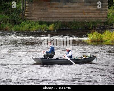 Vola a bordo di un pescatore con Ghillie sul fiume Tweed a Kelso Foto Stock