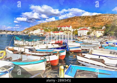 Barche nella baia di Balaklava dipinto colorato sembra immagine, vicino a Sevastopol, Crimea, Russia Foto Stock