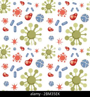 Cellule di coronavirus Covid-19, pillole mediche e cellule del corpo modello senza giunture. Epidemia, pandemia globale di influenza respiratoria patogena cinese epidemia 2019-ncov, vettore di quarantena illustrazione piatta. Illustrazione Vettoriale