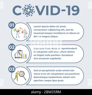 Stop e lotta Coronavirus Covid-19 modello banner vettoriale con spazio di testo. Gli operatori medici e gli scienziati disinfettano le superfici e sviluppano vaccini contro il progetto di poster piatto del virus 2019-nC0V. Illustrazione Vettoriale