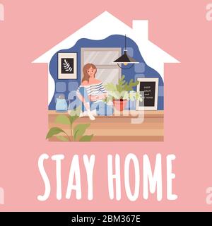 Modello di scheda Stay Home. Giovane donna seduta in cucina e bere il tè durante lo scoppio globale di Coronavirus Covid-19 vettore piatto illustrazione. Progettazione di banner in quarantena e autoisolamento. Illustrazione Vettoriale