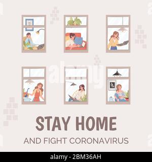 Rimani a casa e combatti con il poster di Coronavirus. Persone che lavorano, cucina in appartamenti durante la pandemia globale di Coronavirus Covid-19 vettore piatto illustrazione. Quarantena, concetto freelance. Illustrazione Vettoriale