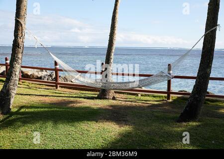Un'amaca tra palme vicino all'oceano attende il relax per un turista sull'isola di Fiji Foto Stock