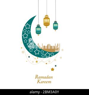 Ramadan Kareem trafilato a mano, oro e verde, con lampade appese, mezzaluna e stelle. Lanterna tradizionale del Ramadan sfondo biglietto di auguri Illustrazione Vettoriale