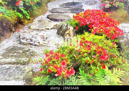 Percorso in pietra con fiori colorful pittura sembra immagine Foto Stock
