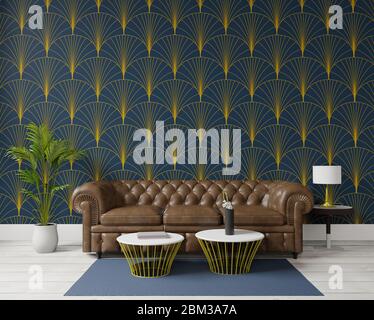 rendering 3d design big living room.interior, stile art deco, grande divano marrone, parete verde scuro per spazio di riproduzione e simulazione Foto Stock